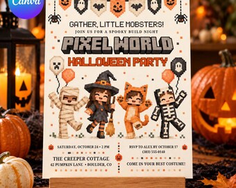 Pixel Block Halloween Party Invitation: Editable Canva Template, Spooky Celebration, Mummy, Skeleton, Witch, Invite