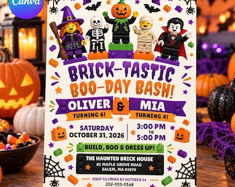 Halloween Building Block Double Celebration Birthday Invitation: Editable Canva Template, Joint Siblings Party Invite