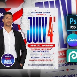 Puede incluir: Un folleto para un servicio de adoración especial el 4 de julio, presentado por el Rev. Marcelo Rodríguez en The Saintsr Church. El folleto presenta un diseño de bandera estadounidense rojo, blanco y azul con el texto "July 4th" en letras grandes y en negrita. El folleto también incluye la fecha, la hora y la ubicación del servicio.