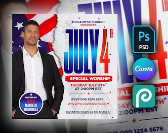 4th of July Independence Day DIY Editable Church Worship Flyer For Canva, Photoshop & Photopea. American Revolution Flyer for Church Event