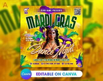 Mardi Gras Editable Party Flyer Template for Canva, DIY Event Flyer, Club Flyer, Parade Invite, DJ Party, Social Media Post, Instagram flyer