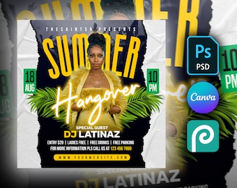 Summer Party Flyer DIY Editable Template For Photoshop, Canva & PhotoPea. Summer Beach Club Flyer for Facebook, Instagram and social media