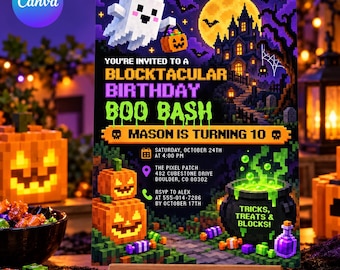 Halloween Pixel Game Birthday Party Invitation: Editable Canva Template, Boo Bash, Pumpkin, Ghost, Invite