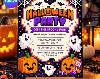 Pixel Halloween Party Invitation: Editable Canva Template, Pumpkins, Ghosts, Bats, Spider Webs, Spooky Invite