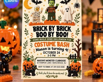 Gruselige Einladung zur Baustein-Geburtstagsparty: Bearbeitbare Canva-Vorlage, Frankenstein, Geist, Kürbis, Halloween-Einladung