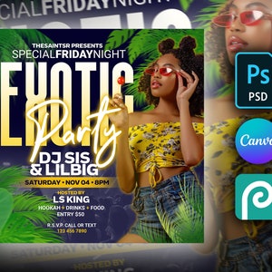 Summer Party Flyer DIY Editable Template For Photoshop, Canva & PhotoPea Tropical Beach Club Flyer for Facebook, Instagram and social media