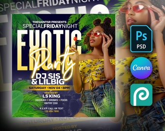 Summer Party Flyer DIY Editable Template For Photoshop, Canva & PhotoPea Tropical Beach Club Flyer for Facebook, Instagram and social media