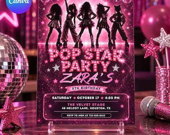 May include: A rectangular party invitation flyer with a dark pink glitter background featuring silhouettes of five dancers. The text reads POP STAR PARTY ZARA'S 9TH BIRTHDAY, SATURDAY OCTOBER 17 4:00 PM, THE VELVET STAGE 48 MELODY LANE, HOUSTON, TX, RSVP TO MOM AT 713-555-0142.