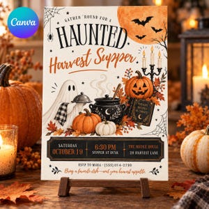 May include: A rectangular invitation card titled Gather Round for a Haunted Harvest Supper. It features a ghost, pumpkins, a cauldron, a book titled Potions Recipes & Curses, and bats. The text includes Saturday October 19, 6:30 PM, The Maple House, 28 Harvest Lane, and RSVP to Mara 555-014-2790.