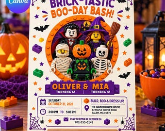 Halloween Building Block Joint Birthday Party Invitation: Editable Canva Template, Siblings' Double Celebration Invite