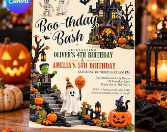 Gemeinsame Geburtstagseinladung mit Halloween-Bausteinen: Bearbeitbare Canva-Vorlage, Einladung zur Doppelgeburtstagsfeier für Geschwister