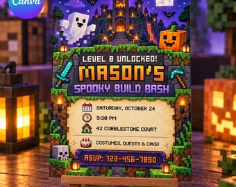 Pixel Block Halloween Birthday Invitation: Editable Canva Template, Spooky Game Celebration, Ghost, pumpkin, Invite