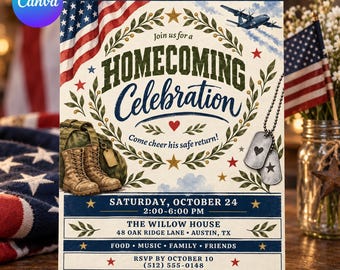 May include: A rectangular invitation card for a homecoming celebration featuring an American flag, a military transport plane, combat boots, and dog tags. The text reads: WELCOME HOME, CAPTAIN ELI, HOMECOMING CELEBRATION, THE WILLOW HOUSE, 48 OAK RIDGE LANE, AUSTIN, TX.