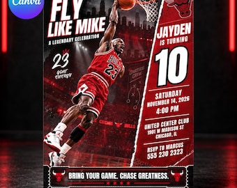 May include: A basketball-themed birthday invitation flyer featuring a player in a red jersey dunking a ball. Text includes FLY LIKE MIKE, JAYDEN IS TURNING 10, SATURDAY NOVEMBER 14, 2026, 4:00 PM, UNITED CENTER CLUB, 1901 W MADISON ST CHICAGO, IL, RSVP TO MARCUS 555 230 2323.