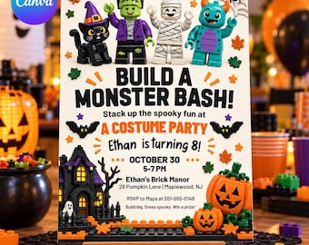 Halloween Building Block Birthday Party Invitation: Editable Canva Template, Kids' Spooky Costume Contest, Invite