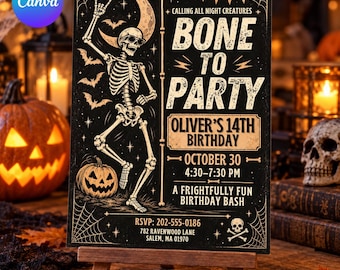 Skeleton Halloween Birthday Invitation: Editable Canva Template, Bone to Party, Spooky, Haunting, Vintage Invite