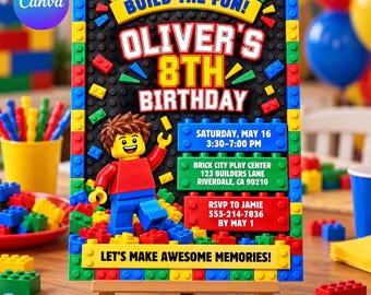 Building Block Birthday Invitation: Editable Canva Template, Kid's Toy Fun Party, Bricks, Builder, Invite