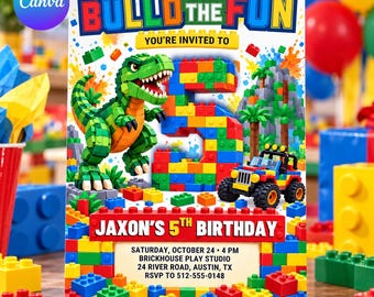 T-Rex Building Block 5th Birthday Invitation: Editable Canva Template, Dinosaur Brick-Style Five, Jeep, Invite