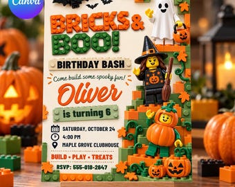 Halloween Birthday Party Building Block Invitation: Editable Canva Template, Bricks & Boo, Ghost, Pumpkin, Invite