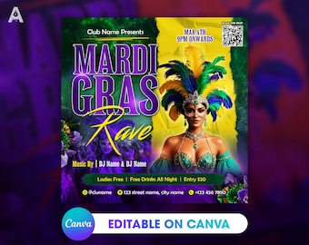 Mardi Gras Editable Party Flyer Template for Canva, DIY Event Flyer, Club Flyer, Parade Invite, DJ Party, Social Media Post, Instagram flyer