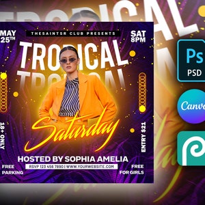 Summer Party Flyer DIY Editable Template For Photoshop, Canva & PhotoPea Tropical Beach Club Flyer for Facebook, Instagram and social media