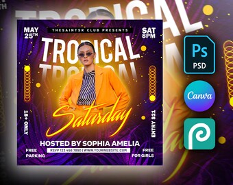 Summer Party Flyer DIY Editable Template For Photoshop, Canva & PhotoPea Tropical Beach Club Flyer for Facebook, Instagram and social media