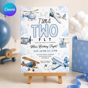 Födelsedagsinbjudan med Time Two Fly-motiv, redigerbar Canva-mall för flygplan, digital nedladdning