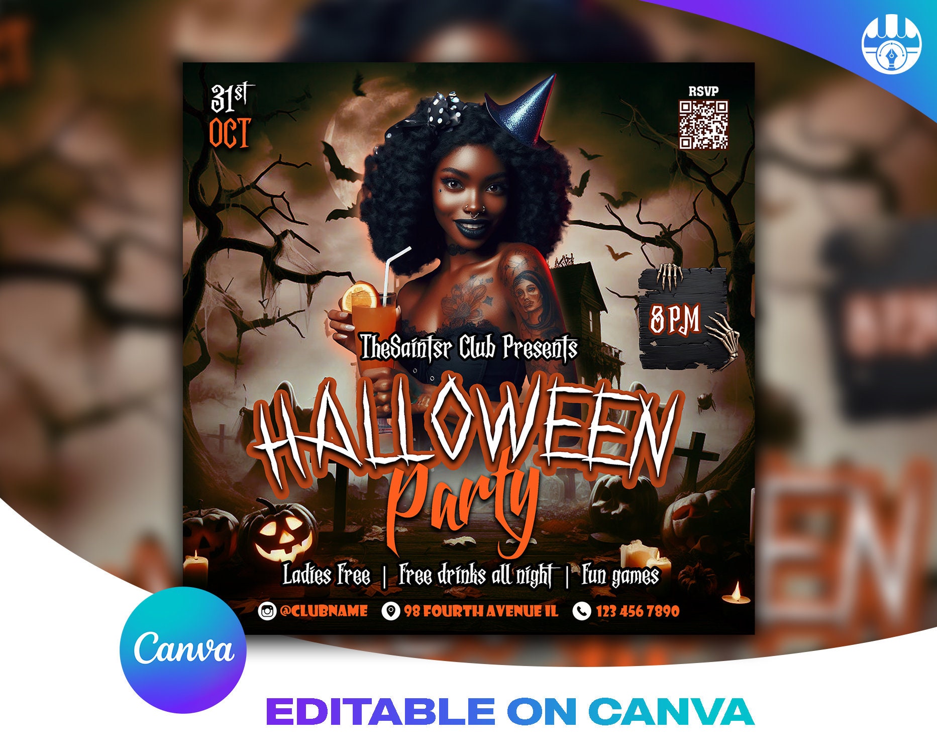 Halloween Party Flyer, bearbeitbare Social Media Party Einladung Halloween Party Ankündigung, Halloween Party Flyer Canva, DIY Canva Template