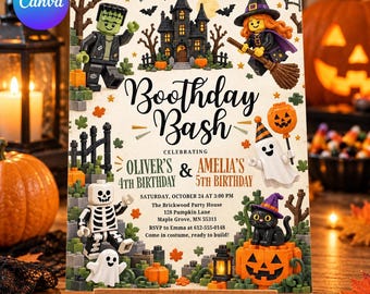 Gemeinsame Halloween-Geburtstagseinladung aus Bausteinen: Bearbeitbare Canva-Vorlage, Einladung zur Doppelfeier für Geschwister