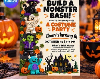Building Block Halloween Birthday Costume Party Invitation: Editable Canva Template, Kids' Spooky Contest, Invite