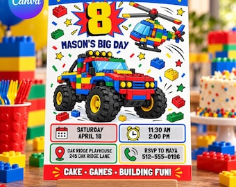 Building Block Birthday Invitation: Editable Canva Template, Kid's Adventure Play Party, Jeep, Helicopter, Invite