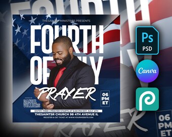 DIY 4th of July Worship Flyer Template Editable in Canva, Photoshop & Photopea. Create an American Independence Day Flyer for Church Event!