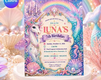 Invito di compleanno a tema unicorno e sirena, modello Canva modificabile, festa magica a tema sottomarino