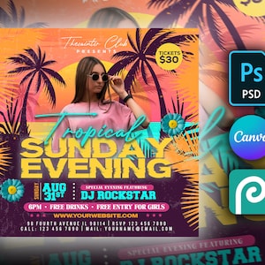 Summer Party Flyer DIY Editable Template For Photoshop, Canva & PhotoPea Tropical Beach Club Flyer for Facebook, Instagram and social media
