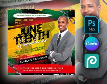 DIY Juneteenth Church Flyer Template Editable in Canva, Photoshop, Photopea. Black History Month, African Freedom Day Flyer for Church Event