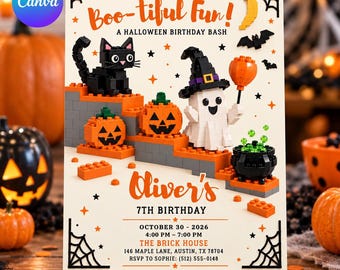 Halloween Building Block Birthday Party Invitation: Editable Canva Template, Spooky, Ghost, Black Cat, Invite