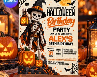 Pixel Halloween Birthday Invitation: Editable Canva Template, Jack O Lantern, Skeleton & Pumpkin Party Invite