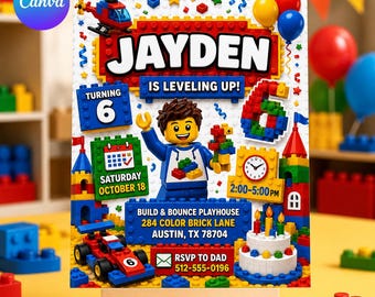May include: A rectangular birthday invitation card featuring a colorful building block theme. The text reads: JAYDEN IS LEVELING UP! TURNING 6, SATURDAY OCTOBER 18, 2:00-5:00 PM, BUILD & BOUNCE PLAYHOUSE, 284 COLOR BRICK LANE, AUSTIN, TX 78704, RSVP TO DAD 512-555-0196.
