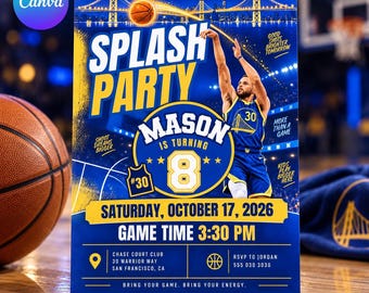 May include: A basketball-themed birthday party invitation flyer featuring a player in a blue and yellow jersey shooting a ball. Text includes Splash Party, Mason is turning 8, Saturday, October 17, 2026, Game Time 3:30 PM, and location details.