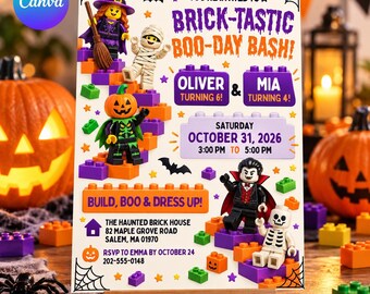 Joint Halloween Building Block Birthday Invitation: Editable Canva Template, Double Celebration Siblings Party Invite