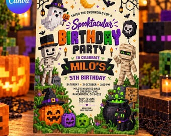 Halloween Pixel Block Birthday Party Invitation: Editable Canva Template, Spooky, Mummy, Skeleton, Witch, Invite