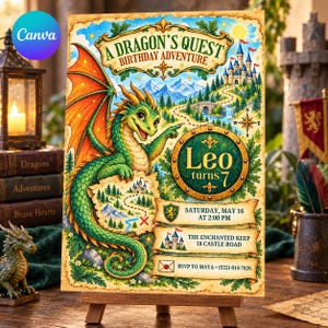 Könnte beinhalten: Eine rechteckige Geburtstagseinladungskarte mit dem Titel A Dragon's Quest Birthday Adventure, die einen grünen Drachen, eine Schatzkarte und eine Burg zeigt. Der Text lautet Leo turns 7, Saturday, May 16 at 2:00 PM, The Enchanted Keep 18 Castle Road, RSVP to Maya (555) 014-7826.