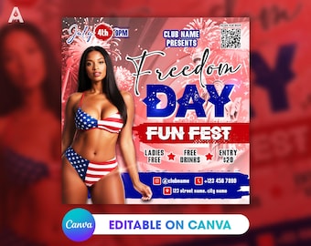 4th of July Editable Flyer Template for Canva, DIY Party Flyer, Event Invite, Independence Day Bash, Fireworks, Social Media Post, Instagram