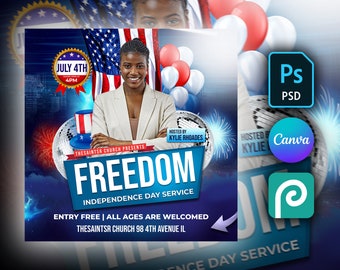 DIY 4th of July Worship Flyer Template Editable in Canva, Photoshop & Photopea. Create an American Independence Day Flyer for Church Event!