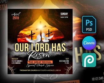 Modèle de flyer personnalisable du dimanche de Pâques - Compatible avec Photoshop, Canva et PhotoPea - Célébrez la résurrection avec un beau design