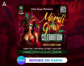 Mardi Gras Editable Party Flyer Template for Canva, DIY Event Flyer, Club Flyer, Parade Invite, DJ Party, Social Media Post, Instagram flyer