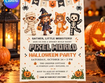 Pixel Block Halloween Party Invitation: Editable Canva Template, Spooky Haunting, Mummy, Skeleton, Witch, Invite