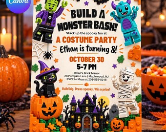 Halloween Building Block Birthday Invitation: Editable Canva Template, Kids' Spooky Costume Party, Monster, Invite