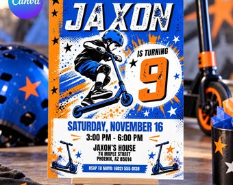 May include: A rectangular birthday invitation card featuring a blue and orange color scheme with a graphic of a child on a scooter. The text reads: Roll in for a birthday bash, Jaxon is turning 9, Saturday, November 16, 3:00 PM - 6:00 PM, Jaxon's house, 74 Maple Street, Phoenix, AZ 85014, RSVP to Maya: (602) 555-0138.