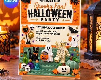 Building Block Halloween Party Invitation: Editable Canva Template, Spooky, Mummy, Pumpkin, Toy Brick Invite